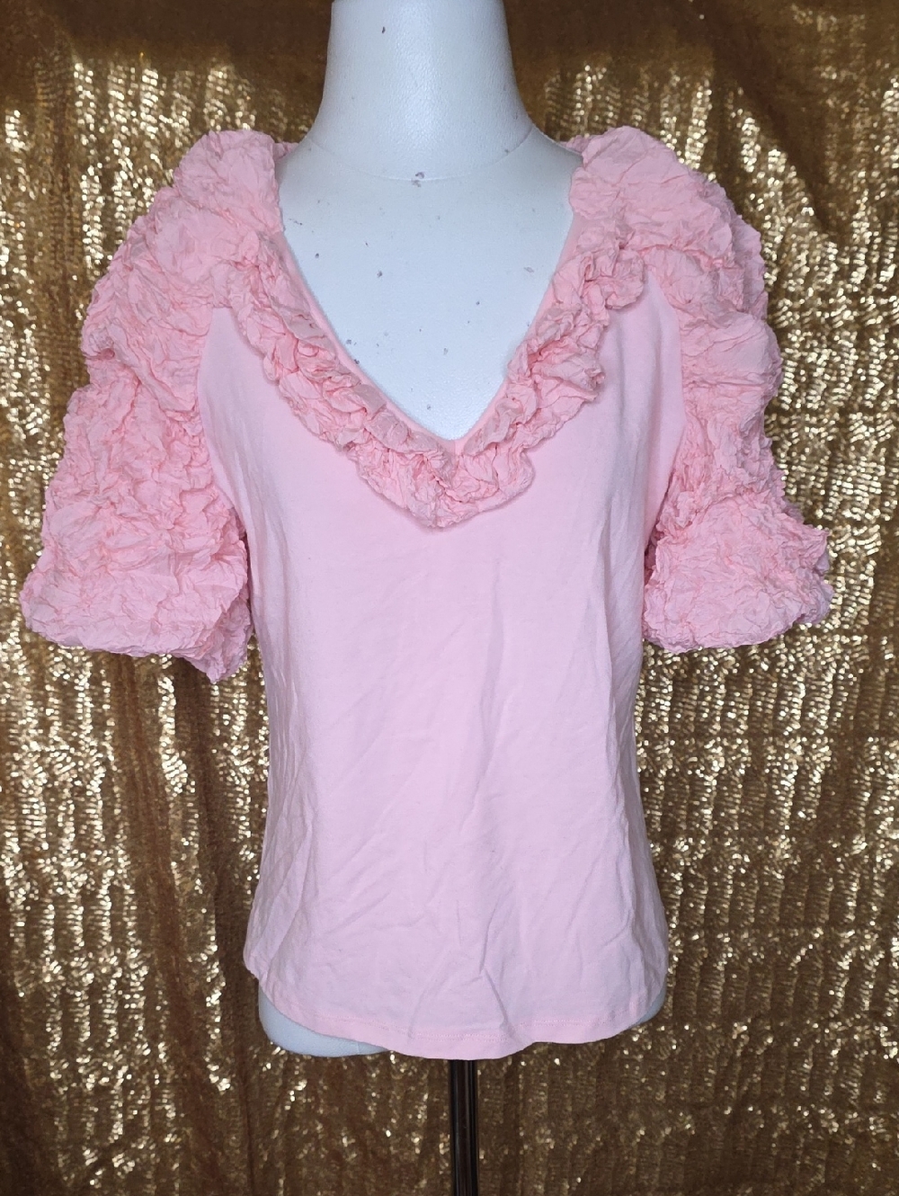 Women's Pink Ruffle V-Neck Blouse
